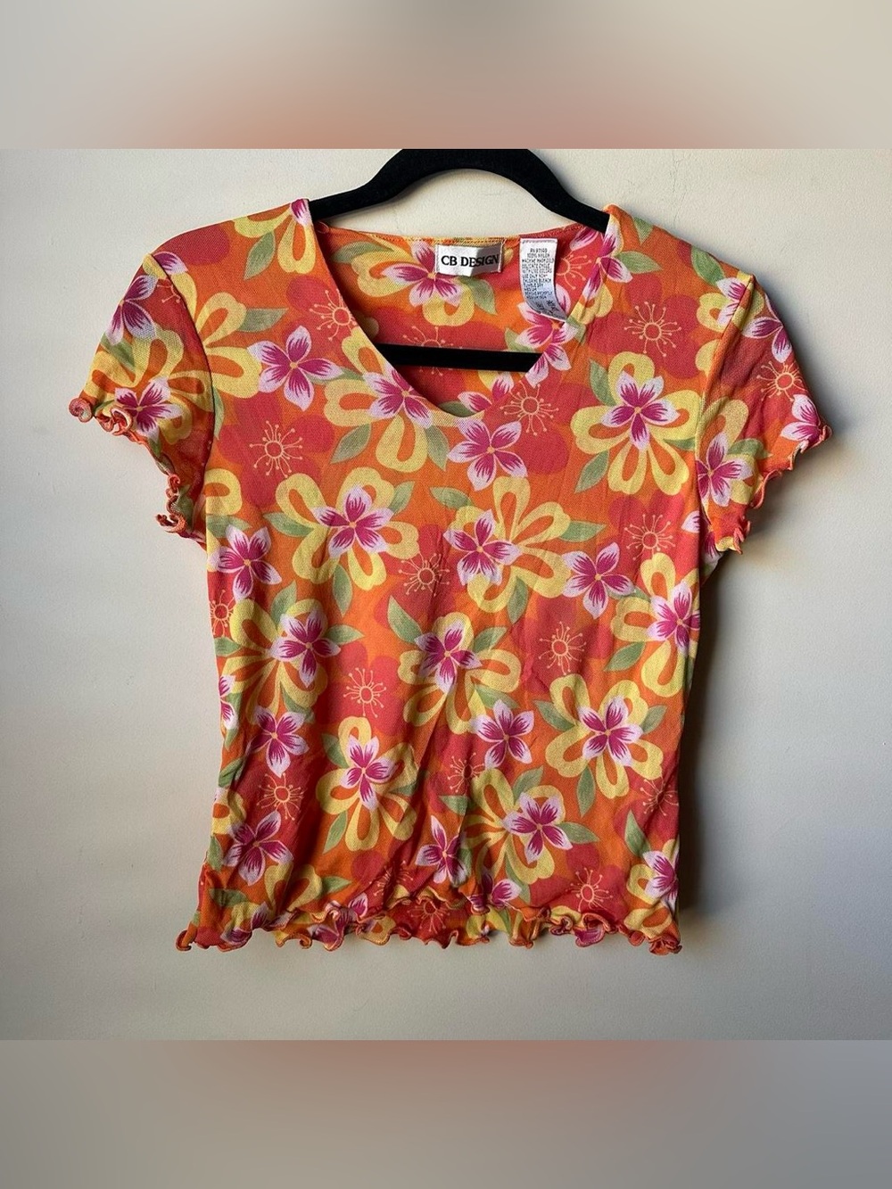 Vintage CB Design floral print V-neck Classic Retro Y2K Blouse Tropical Top Sm